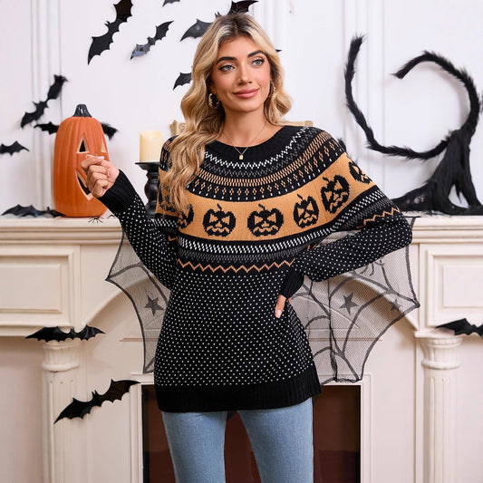 Women's Halloween Pumpkin Embroidered Retro Long-sleeved Sweater - Bests Sale