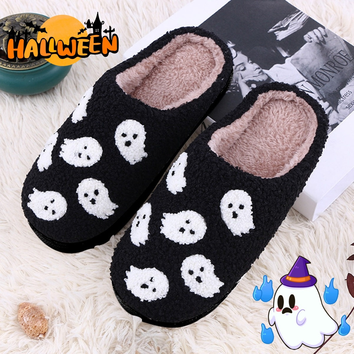 Halloween Funny Spider Ghost Scary Flat Indoor House Shoes For Women Men Soft Plush Cozy Horror Halloween Gifts Bests Sale