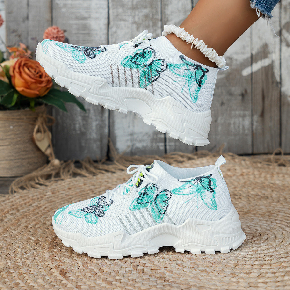 Butterfly Print Mesh Sneakers Women's Flat Heel Casual Shoes Fashion Running Jogging Walking Sports Shoes - Bests Sale