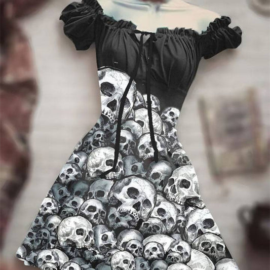 Halloween 3D Skull Print Women's Short Sleeve A- Line Skirt - Bests Sale