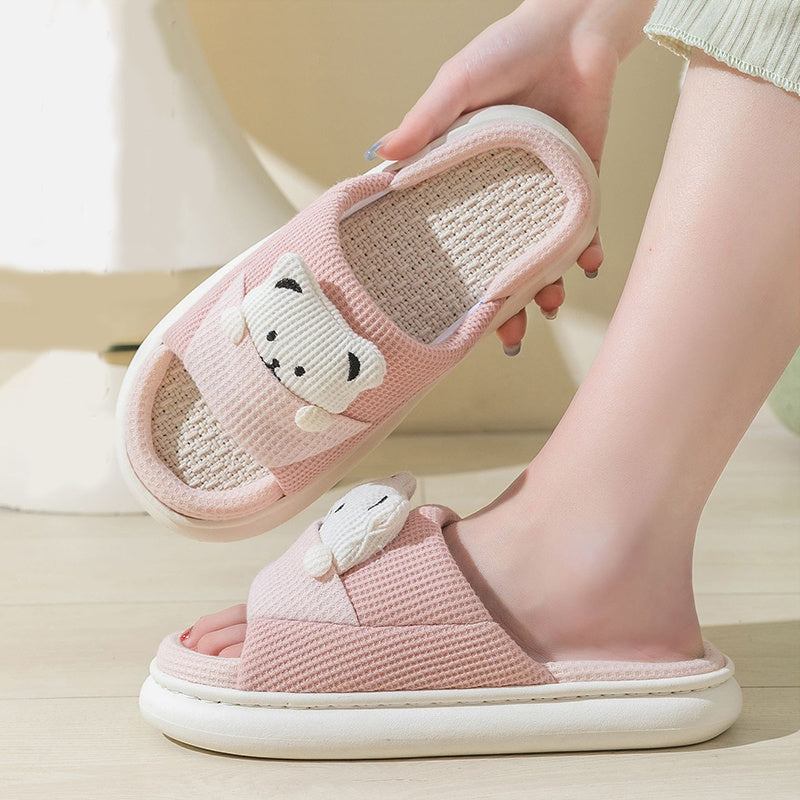 Cute Cartoon Bear Slippers Spring And Autumn Fashion Thick-soled  Mute Linen Slipper Women's House Shoes - Bests Sale
