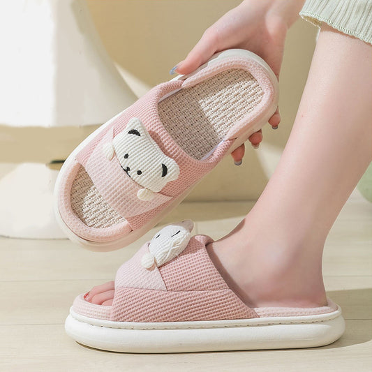 Cute Cartoon Bear Slippers Spring And Autumn Fashion Thick-soled  Mute Linen Slipper Women's House Shoes - Bests Sale
