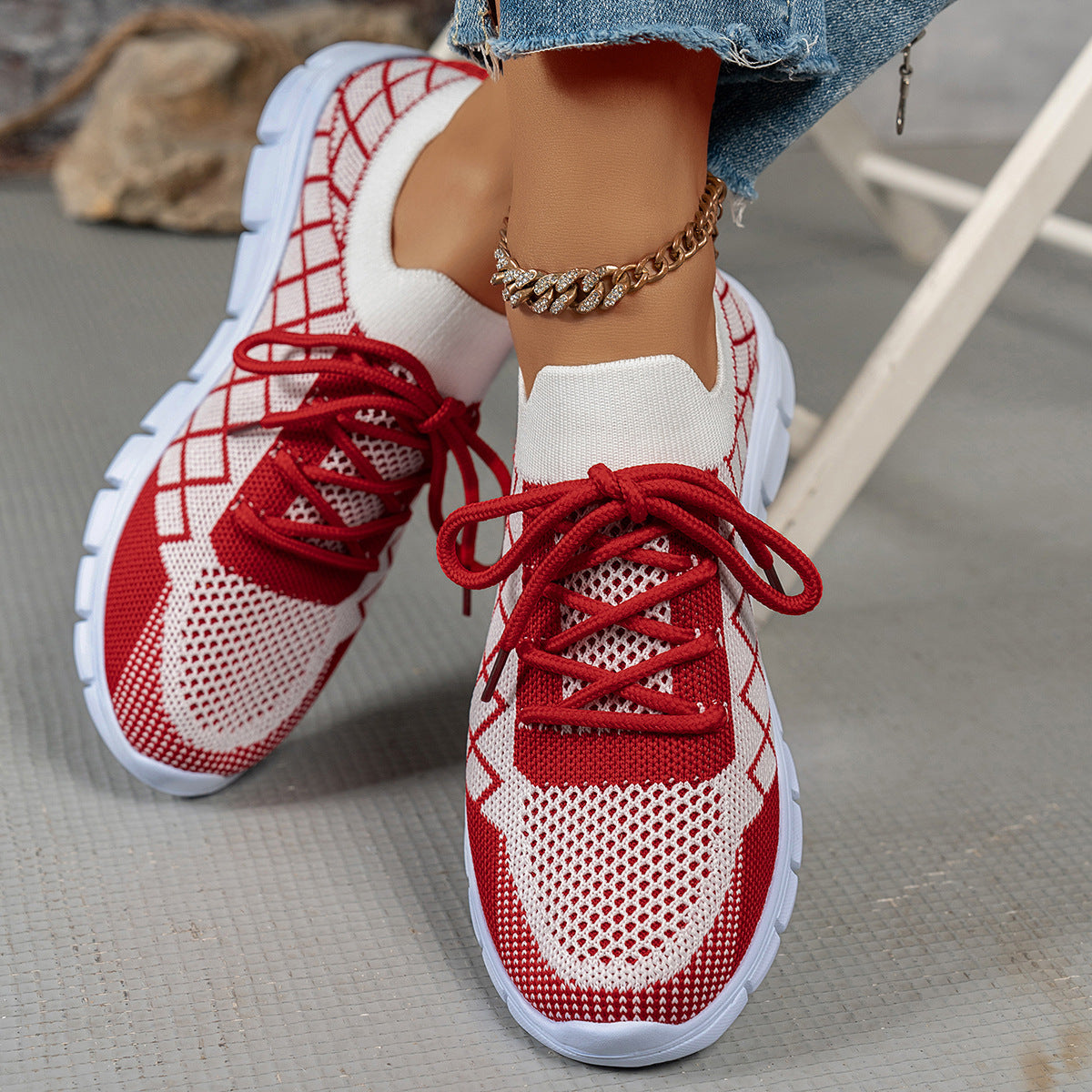 Colorblock Plaid Lace-Up Flyknit Sneakers Ins Mesh Casual Shoes Fashion Breathable Walking Running Sports Shoes For Women - Bests Sale