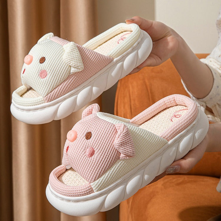 Piggy Cute Couple Open Toe Linen Cotton Linen Slippers - Bests Sale