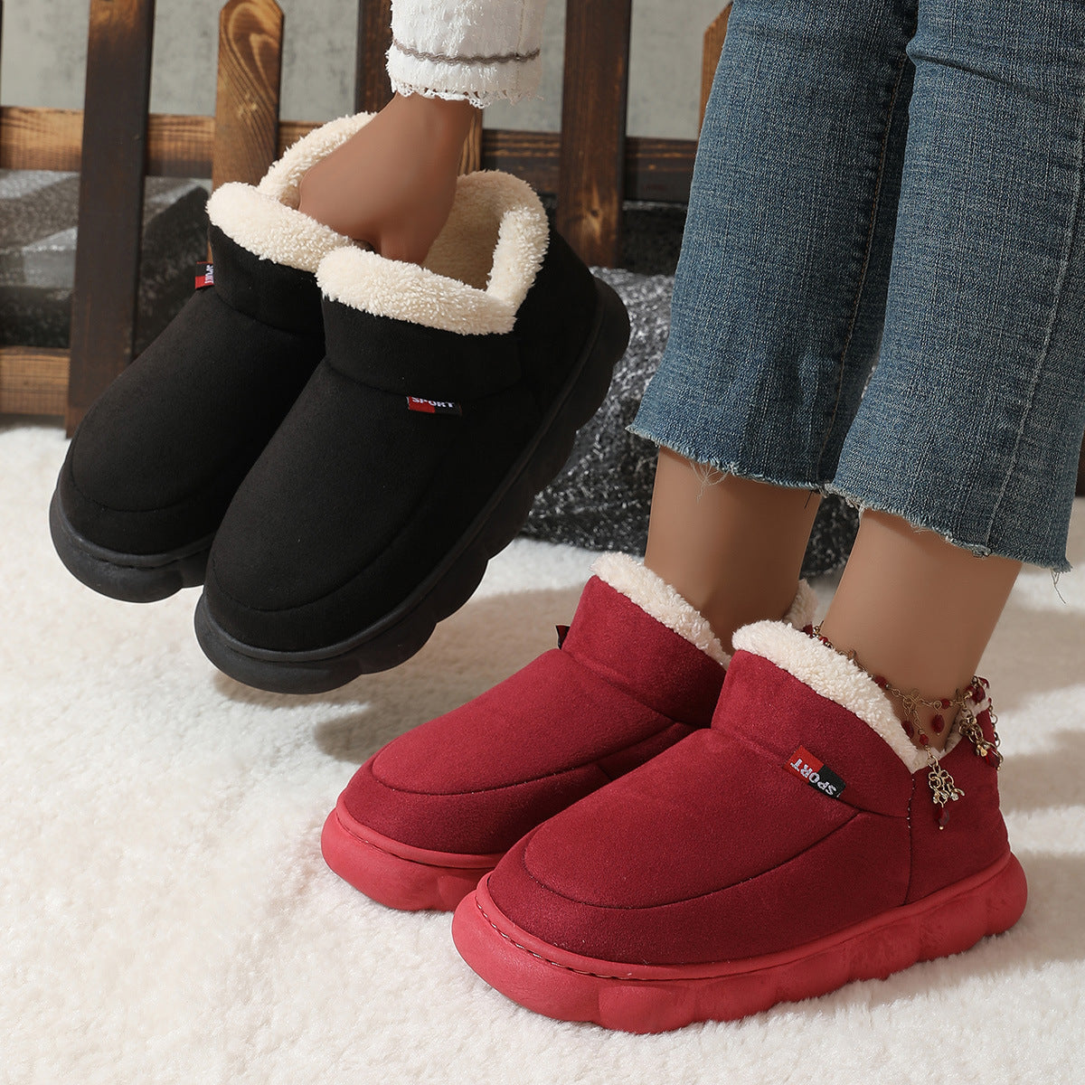 Winter Plush Cotton Shoes Women Men Warm Suede House Shoes For Parents Solid Color Thick-soled Garden Shoes Outdoor - Bests Sale