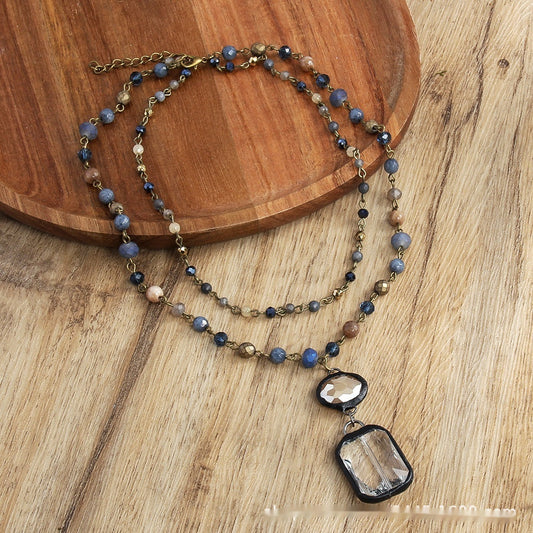 Fashion Tribal Style 2-layer Natural Stone Glass Chain Necklace - Bests Sale
