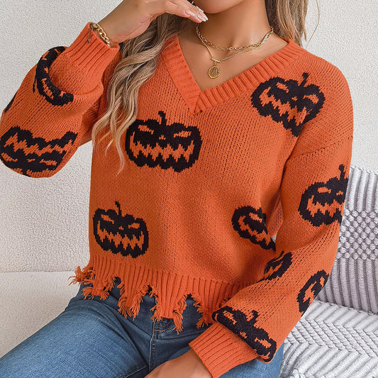 Halloween Contrast Color Pumpkin Cut Long Sleeve Sweater Bests Sale