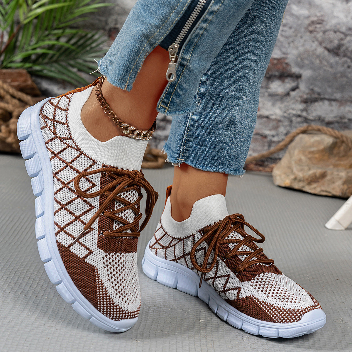 Colorblock Plaid Lace-Up Flyknit Sneakers Ins Mesh Casual Shoes Fashion Breathable Walking Running Sports Shoes For Women - Bests Sale