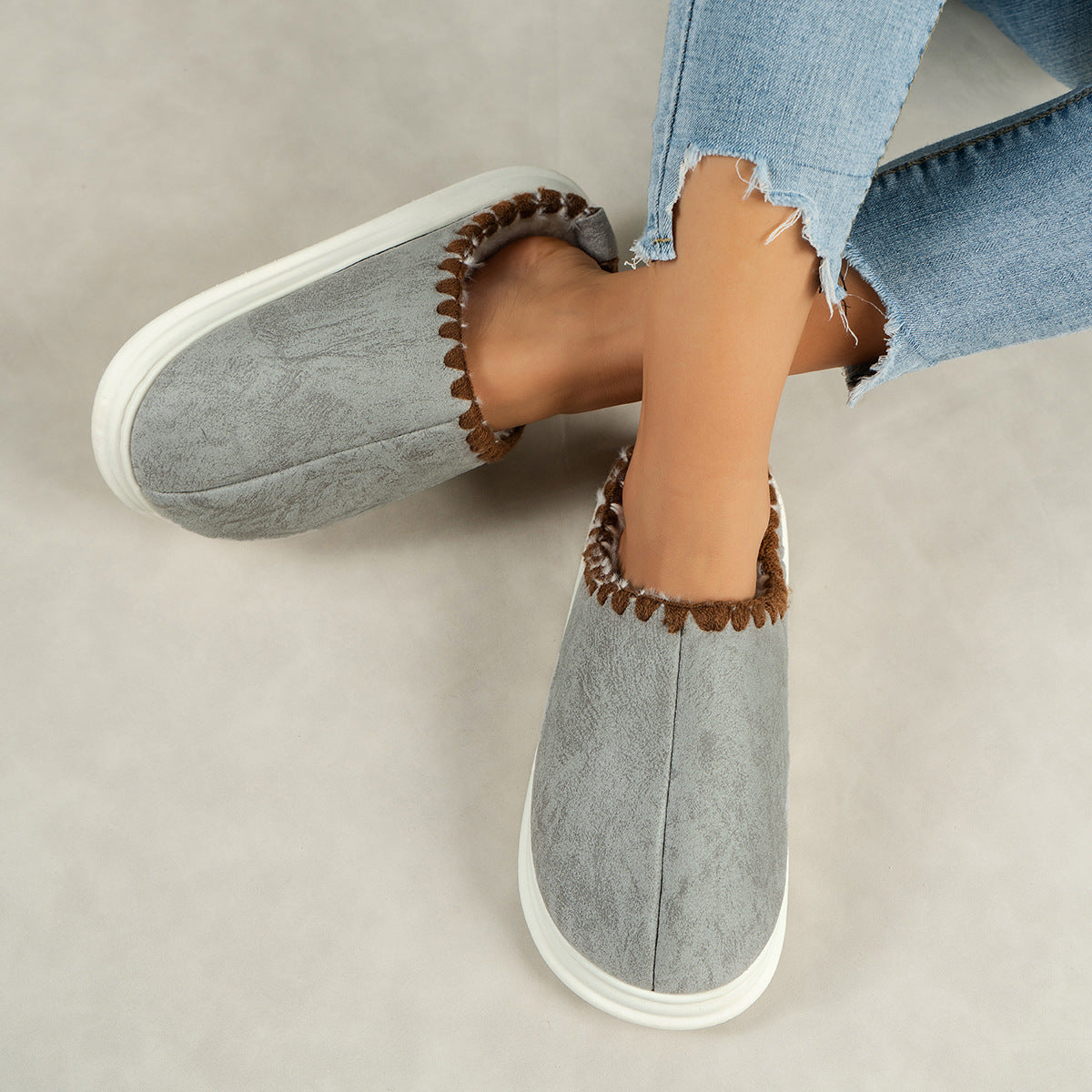Winter Fashion Cotton Slippers With Sewing-side Design Indoor Non-slip Bedroom Floor Plush Slipper House Shoes Women Couple - Bests Sale