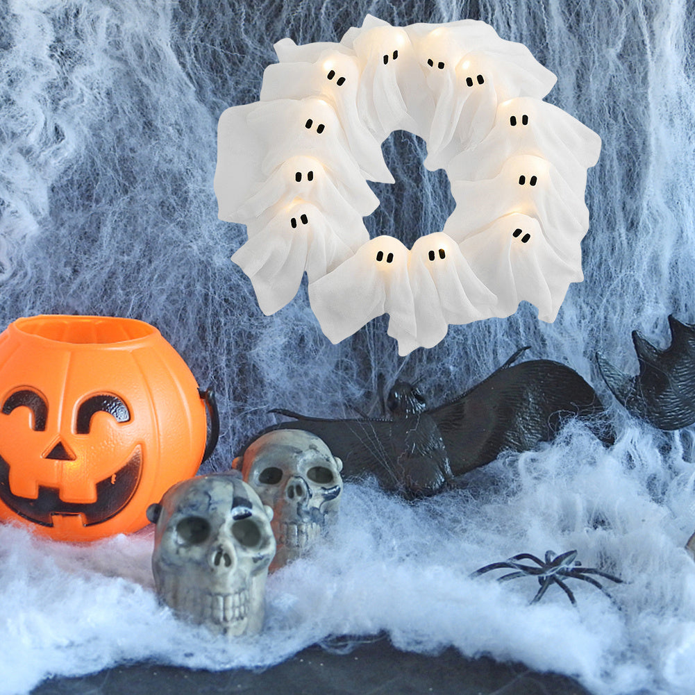 Halloween Decorations Ghost Wreath Cute Ghost Halloween Door Sign For Door Porch Wall Holiday Home Decor Glow Ghost Lights Coffee Jasper