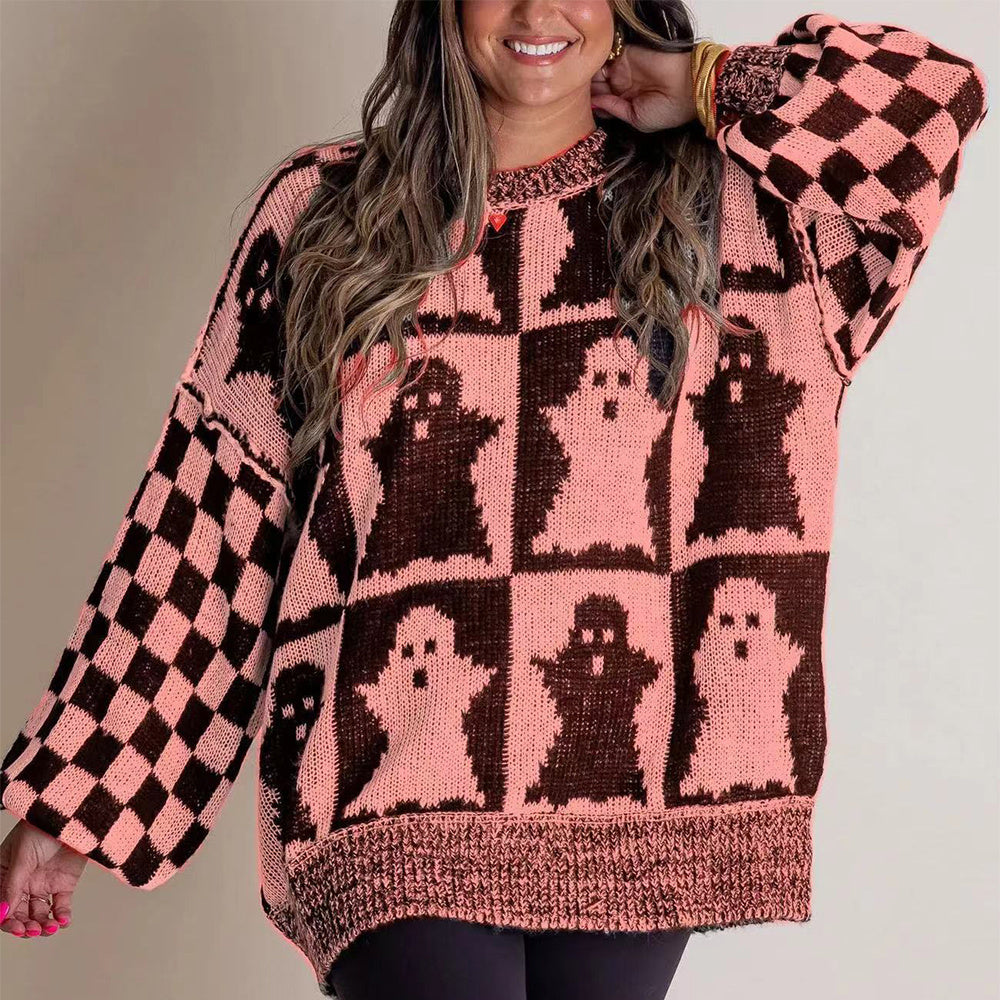 Halloween Cartoon Ghost And Checkerboard Print Pullover Sweater Autumn And Winter Loose Long-sleeved Knitted Tops For Women Bests Sale