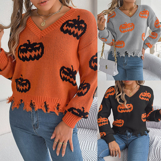 Halloween Contrast Color Pumpkin Cut Long Sleeve Sweater Bests Sale
