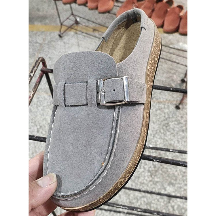 Frosted Suede Round Head Belt Buckle One Pedal Flat Comfortable Foam Bottom Slippers - Bests Sale