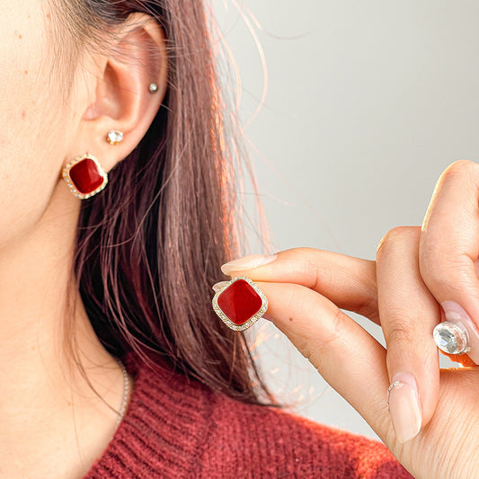 Retro Red Plate Temperament Inlaid Square Simple And Stylish Earrings - Bests Sale