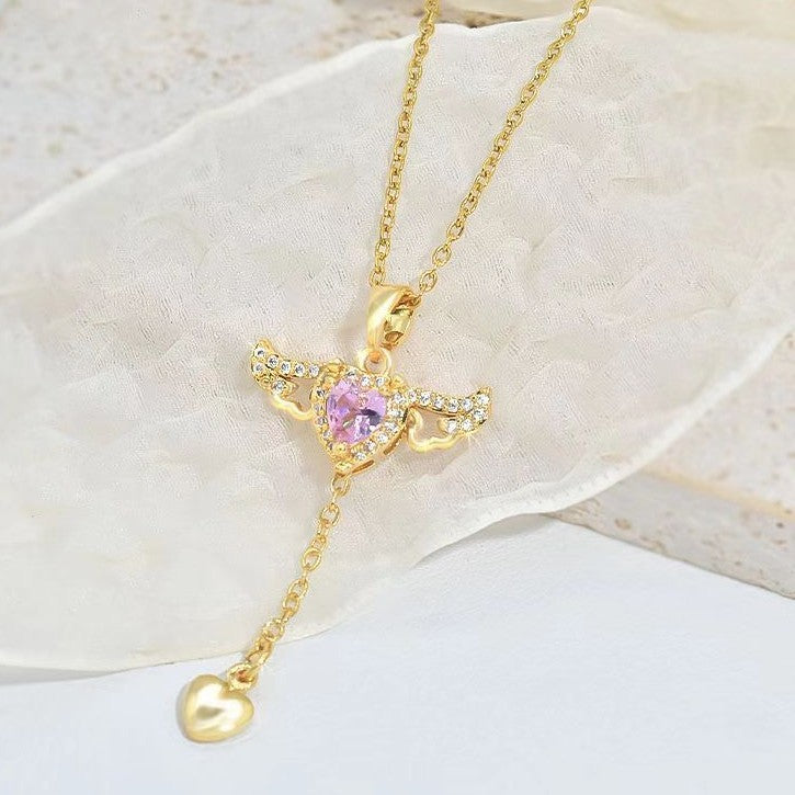 Moving Cupid Heart Angel Wings Tassel Necklace With Crystal Clavicle Chain Women Jewelry Gift Valentine's Day - Bests Sale
