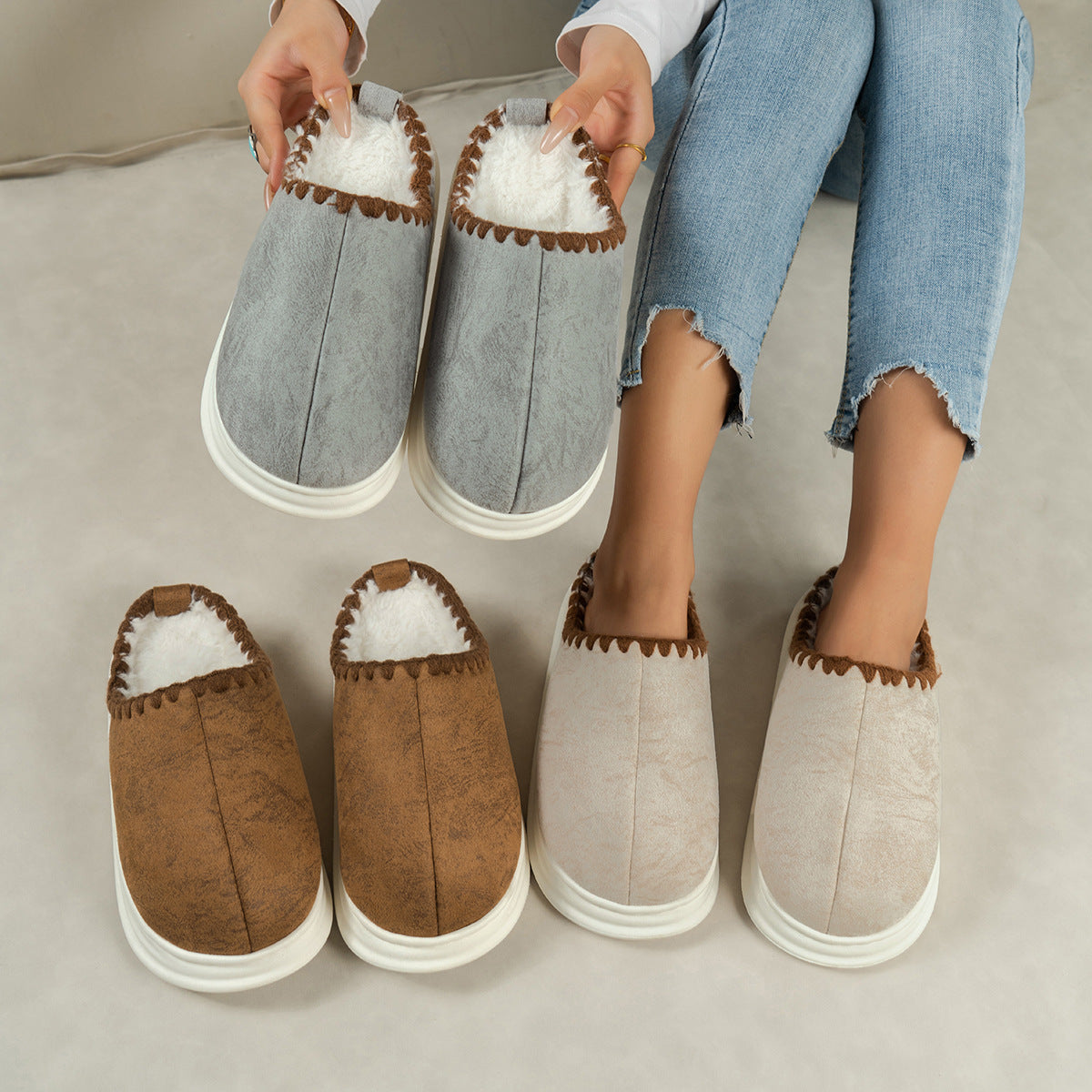 Winter Fashion Cotton Slippers With Sewing-side Design Indoor Non-slip Bedroom Floor Plush Slipper House Shoes Women Couple - Bests Sale