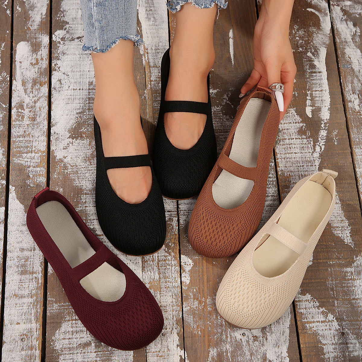 Women's Flat Bottom Pumps Plus Size Shallow Mouth Low-top Slip-on Flyknit - Bests Sale
