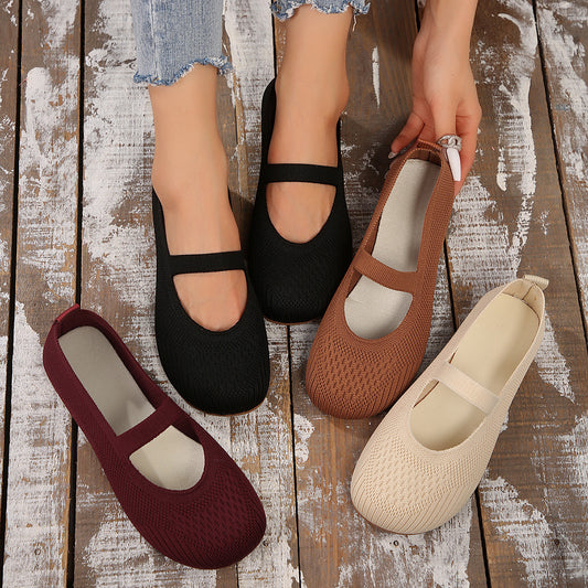 Women's Flat Bottom Pumps Plus Size Shallow Mouth Low-top Slip-on Flyknit - Bests Sale