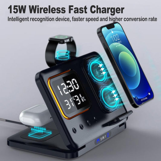 15W Wireless Chargers Stand 5 In1 LED Digital Alarm Clock Fast Charging Dock Station Coffee Jasper