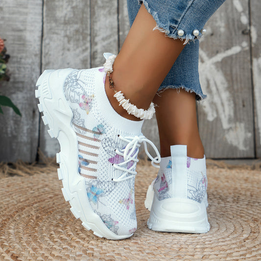 Butterfly Print Mesh Sneakers Women's Flat Heel Casual Shoes Fashion Running Jogging Walking Sports Shoes - Bests Sale