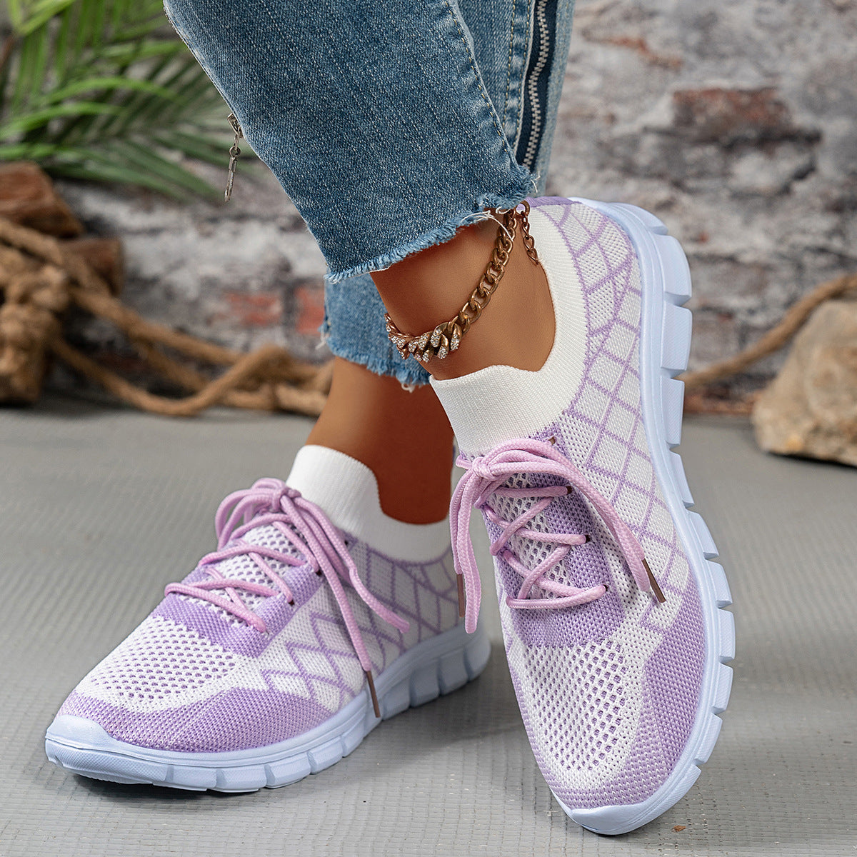 Colorblock Plaid Lace-Up Flyknit Sneakers Ins Mesh Casual Shoes Fashion Breathable Walking Running Sports Shoes For Women - Bests Sale