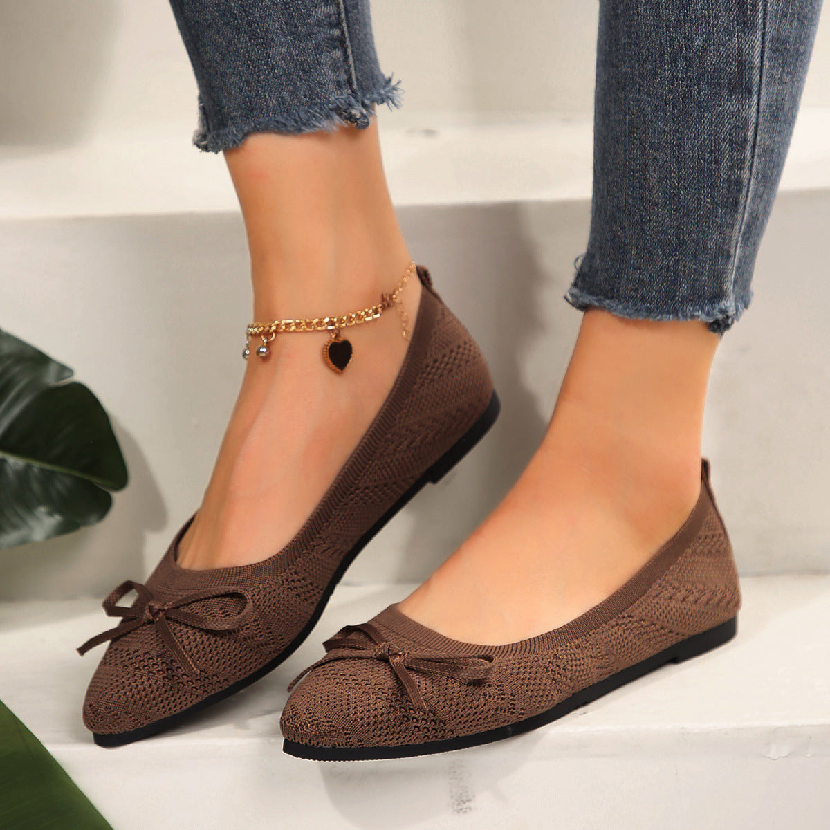 Bow Knitted Loafers Ins Fashion Pointed-toed Flats Shoes For Women - Bests Sale