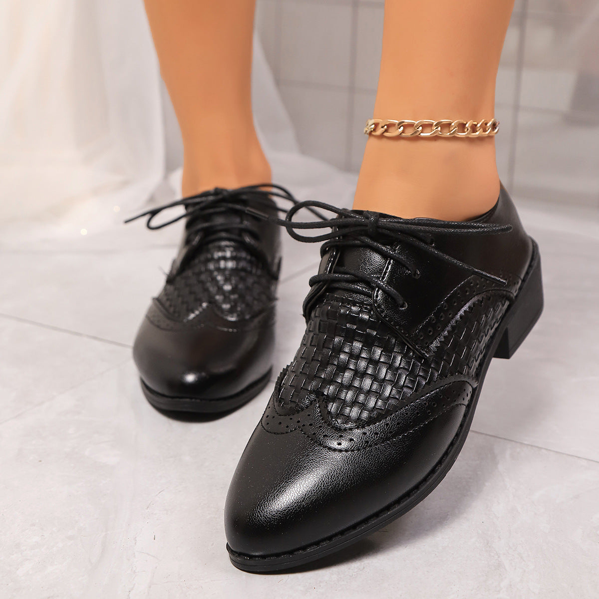 Retro Soft Leather Low Heel Brogue Lace-up Flat Pointed Pumps - Bests Sale
