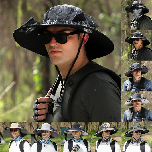 Outdoor Wide Brim Sun Hat With Solar Fan Wide Brim Solar Fan Outdoor Fishing Hat Solar USB Charging Solar Powered Hat Adjustable Coffee Jasper