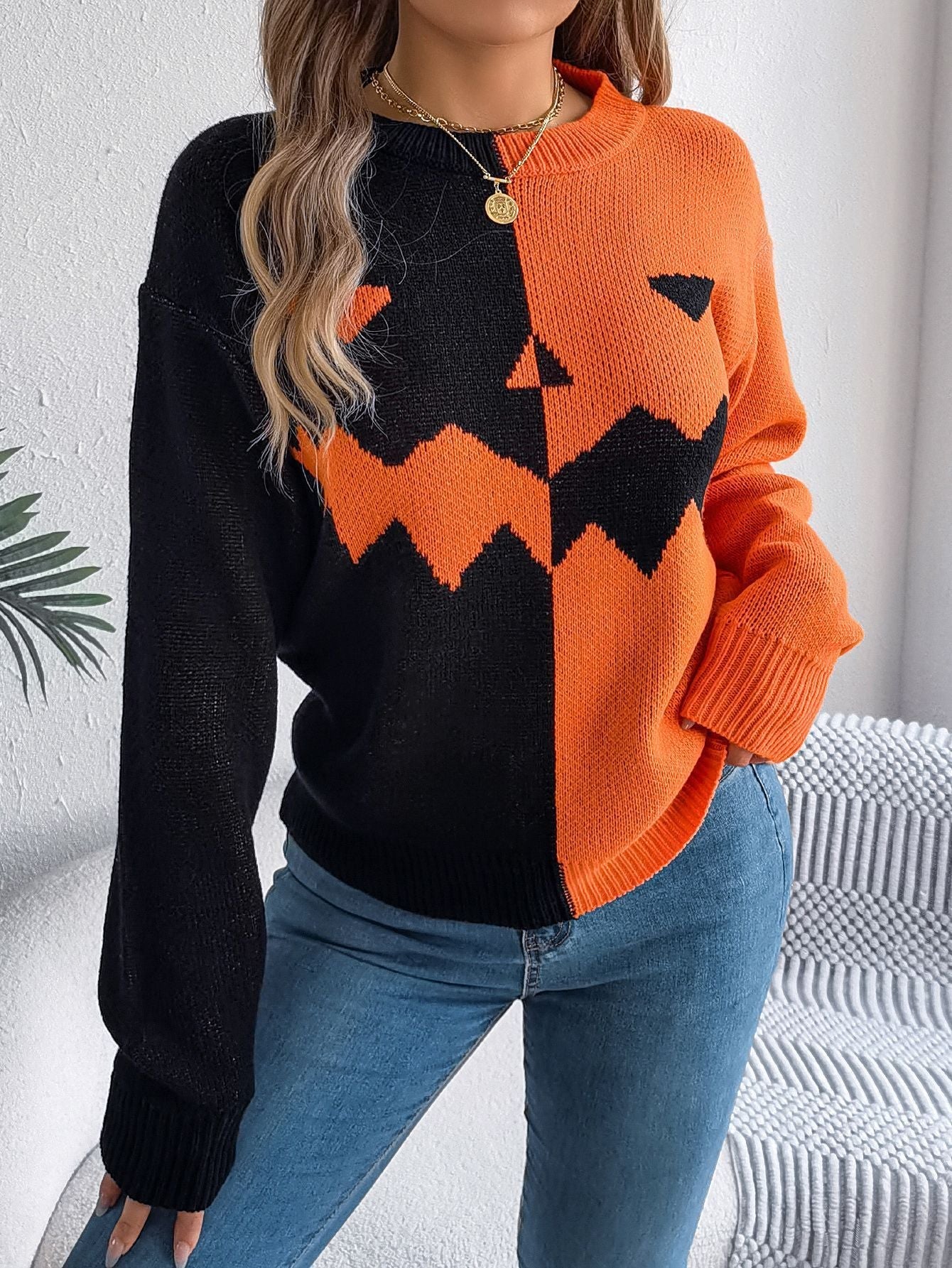 Halloween Contrast-color Pullover Sweater Fashion Long Sleeve Knitted Tops For Womens Clothing Bests Sale