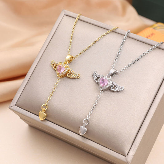 Moving Cupid Heart Angel Wings Tassel Necklace With Crystal Clavicle Chain Women Jewelry Gift Valentine's Day - Bests Sale