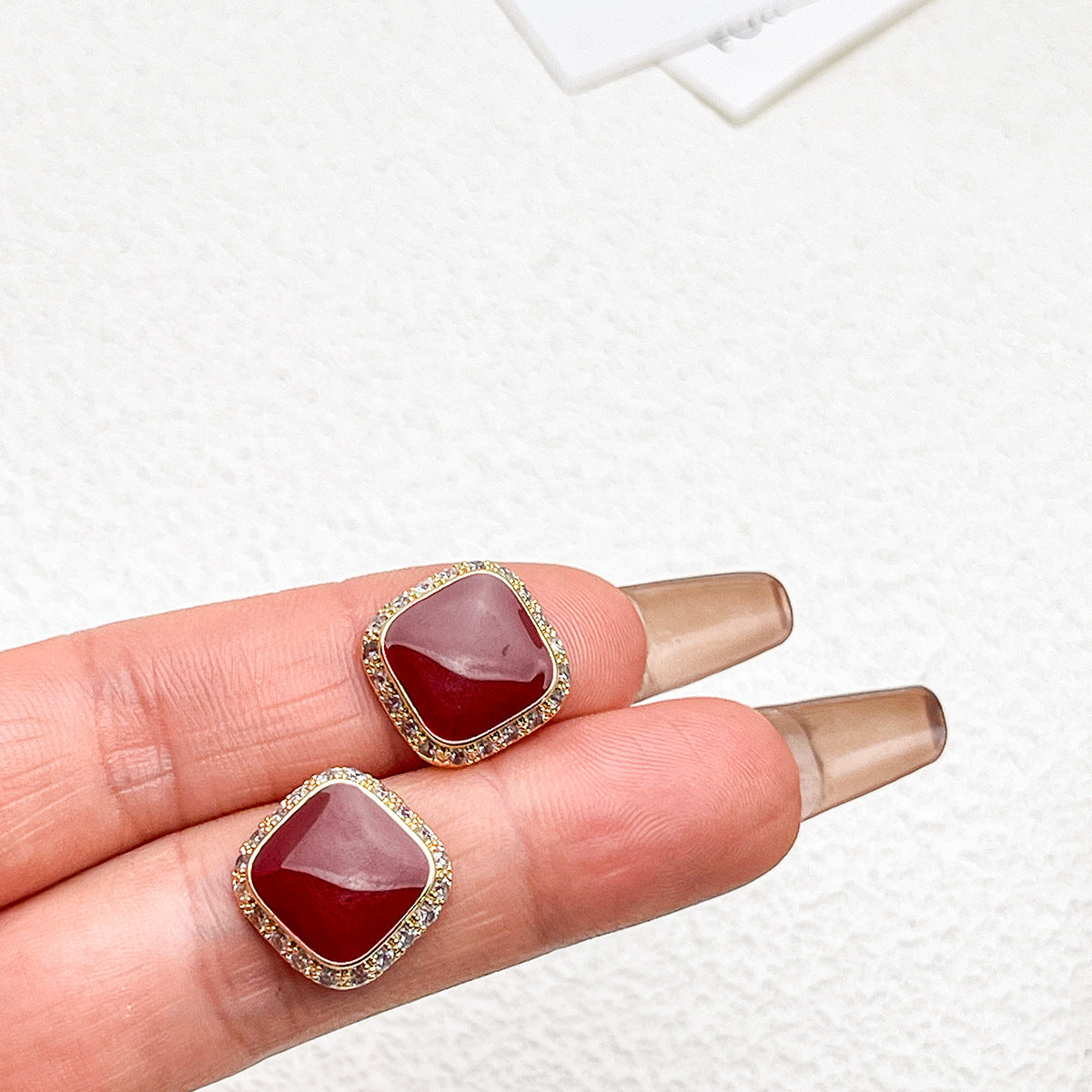 Retro Red Plate Temperament Inlaid Square Simple And Stylish Earrings - Bests Sale