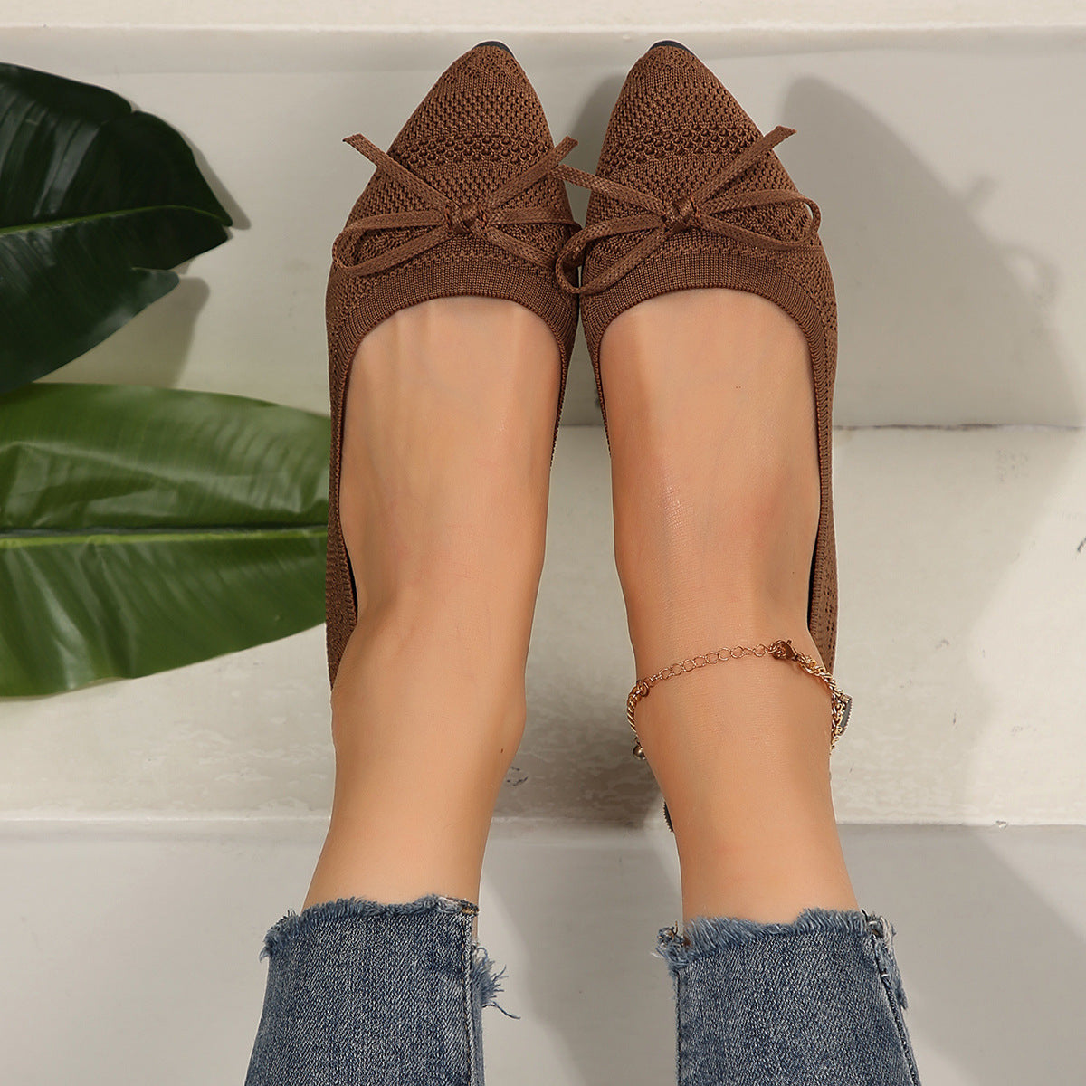 Bow Knitted Loafers Ins Fashion Pointed-toed Flats Shoes For Women - Bests Sale