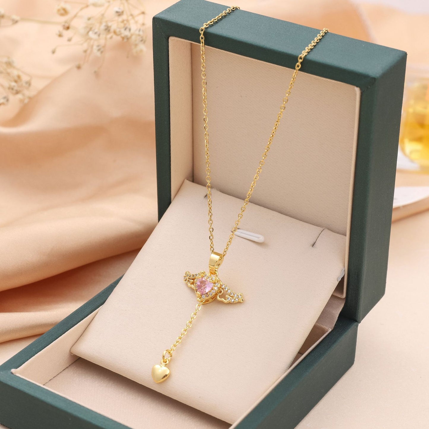Moving Cupid Heart Angel Wings Tassel Necklace With Crystal Clavicle Chain Women Jewelry Gift Valentine's Day - Bests Sale
