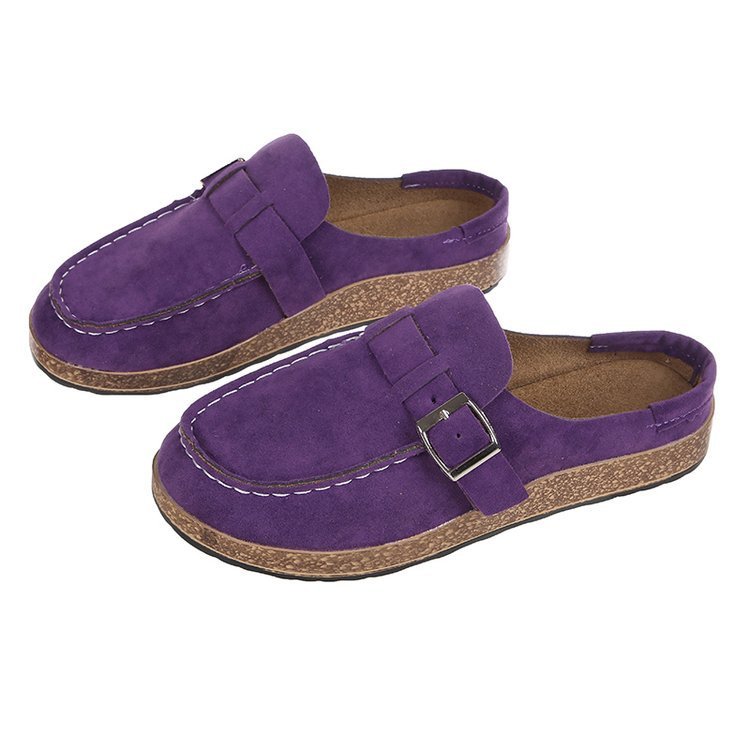 Frosted Suede Round Head Belt Buckle One Pedal Flat Comfortable Foam Bottom Slippers - Bests Sale