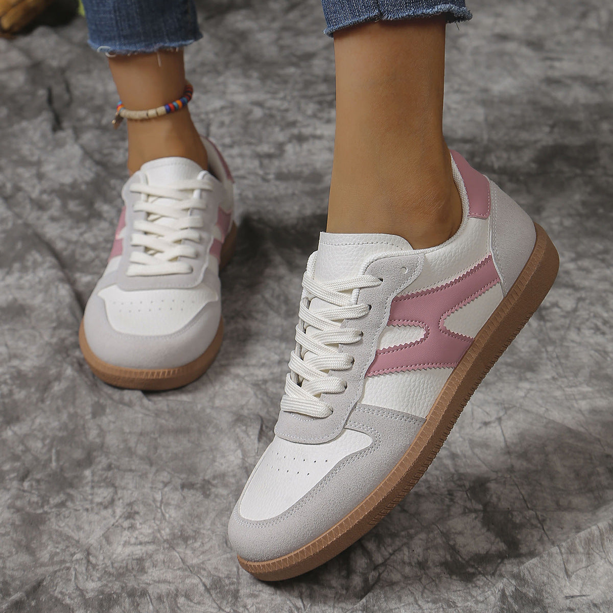 New Colorblock Lace-up Flats Shoes Fashion Round Toe Slip On Casual Shoes For Women - Bests Sale