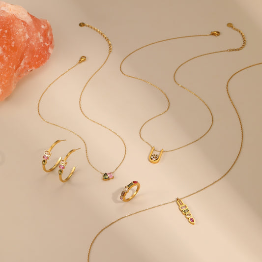 Geometric Color Zircon Necklace Gold Plated Design Sense Earrings Ring Ornament Suit - Bests Sale