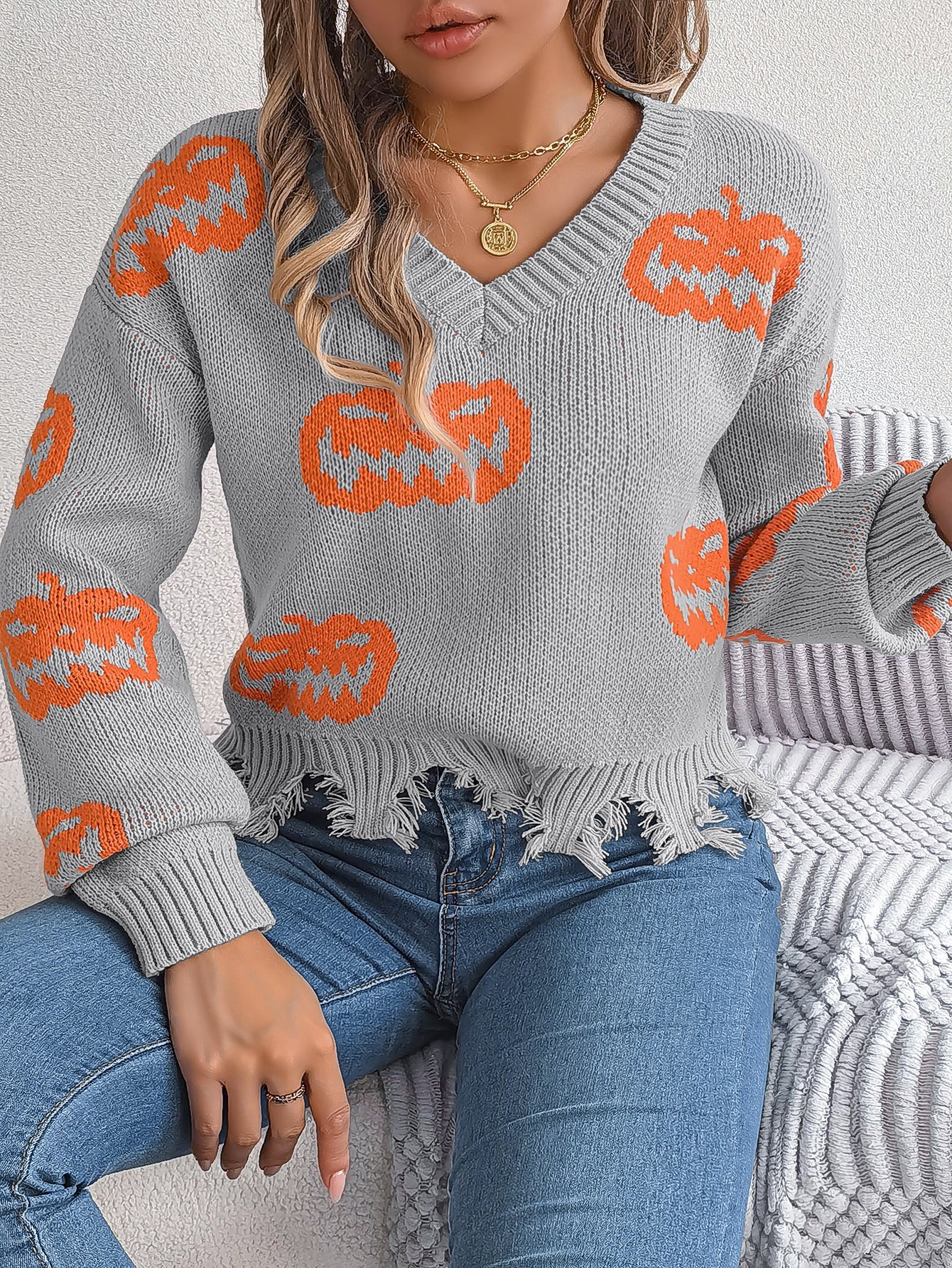 Halloween Contrast Color Pumpkin Cut Long Sleeve Sweater Bests Sale
