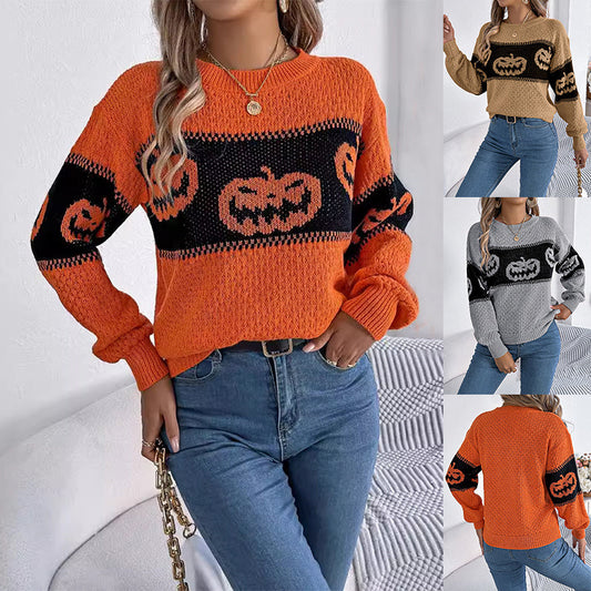 Halloween Pumpkin Pullover Sweater Fashion Long Sleeve Knitted Tops For Women Clothing Bests Sale
