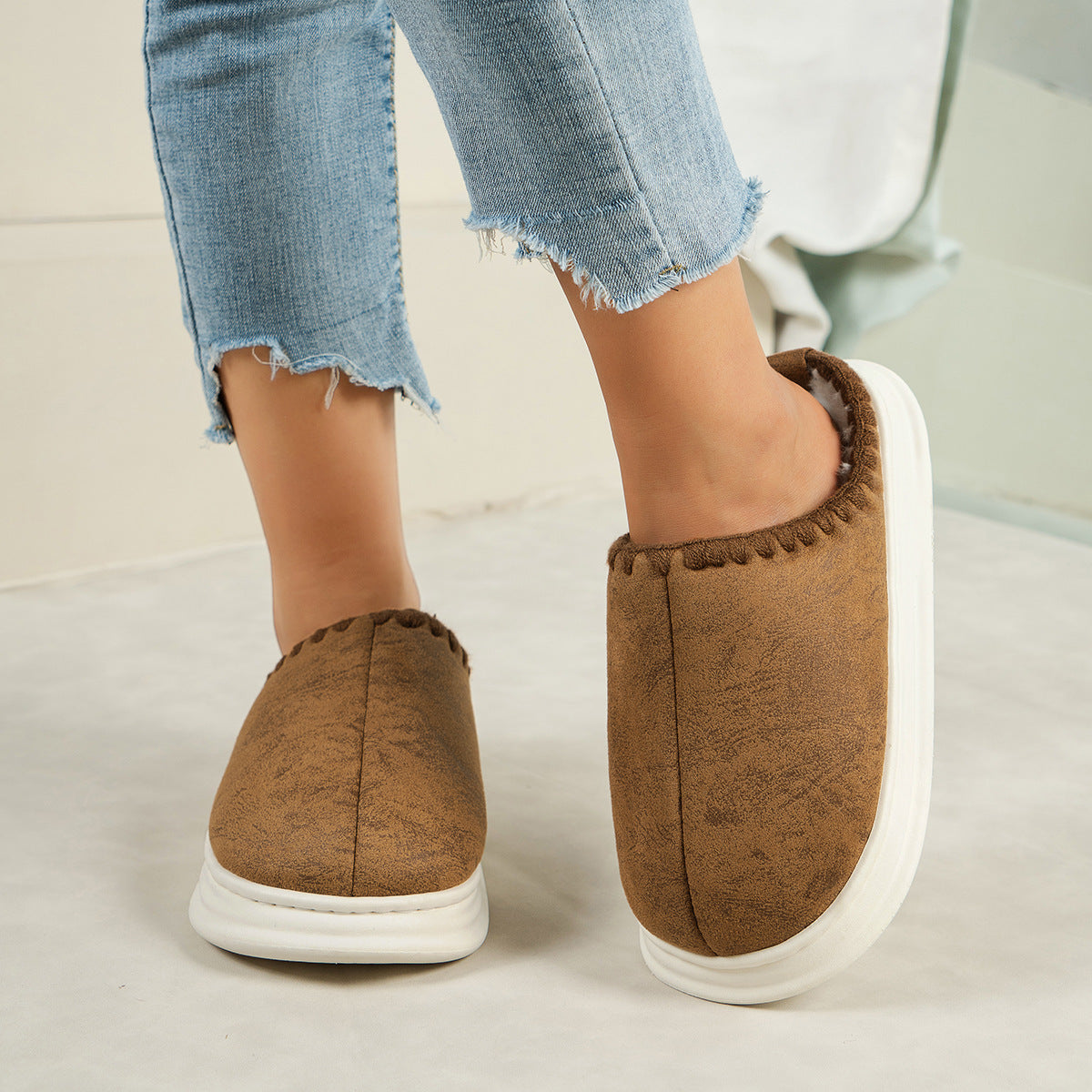Winter Fashion Cotton Slippers With Sewing-side Design Indoor Non-slip Bedroom Floor Plush Slipper House Shoes Women Couple - Bests Sale
