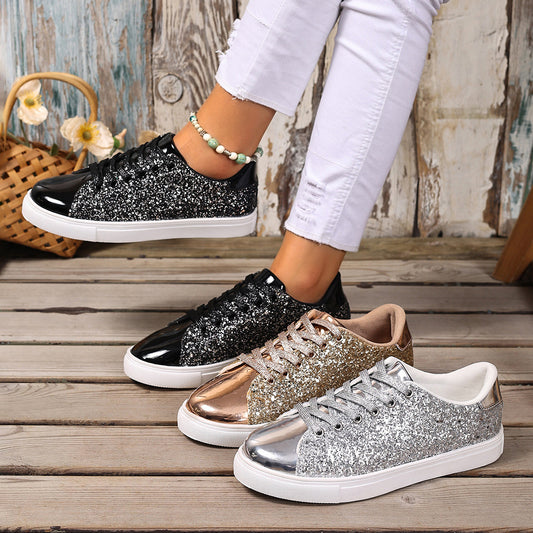 Plus Size Sequined Front Lace-up Solid Color Plus Size Board Shoes - Bests Sale