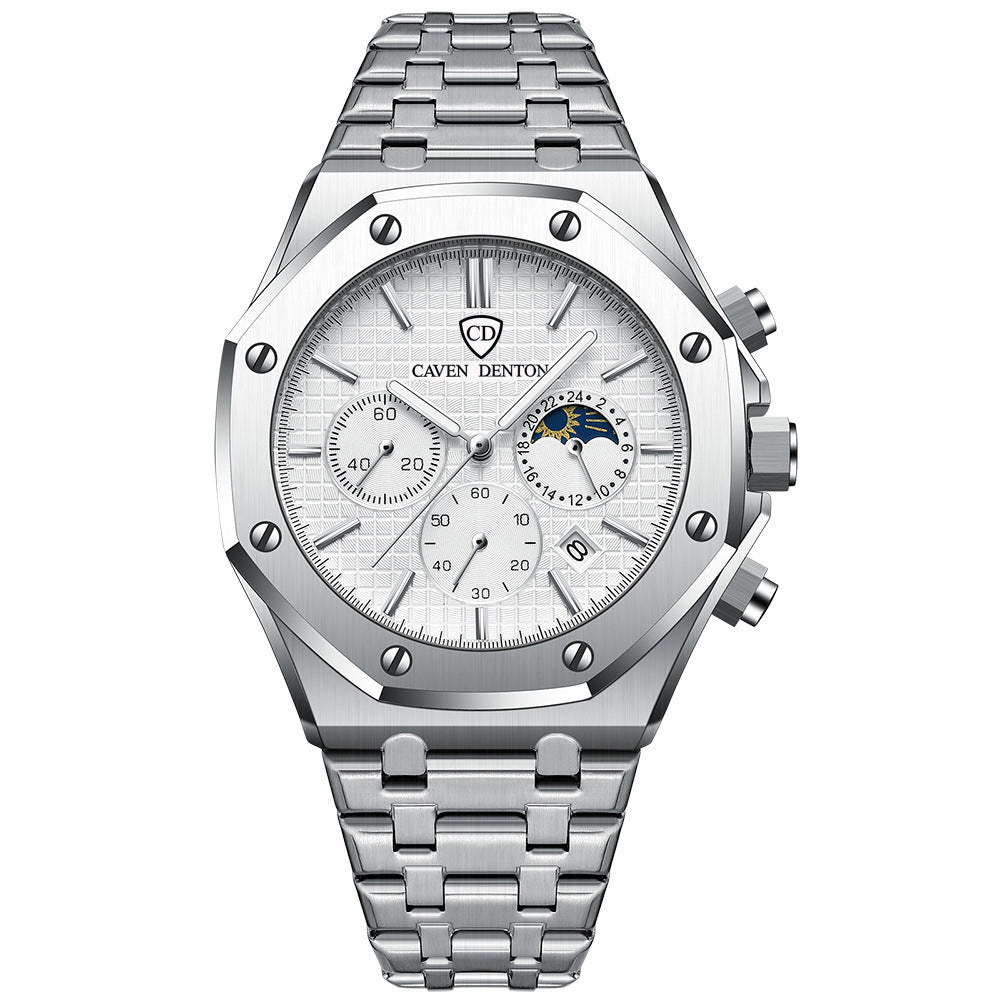 Waterproof High-grade Three Eyes And Six Needles Multi-functional Moon Phase Men's Steel Strap Watch Bests Sale