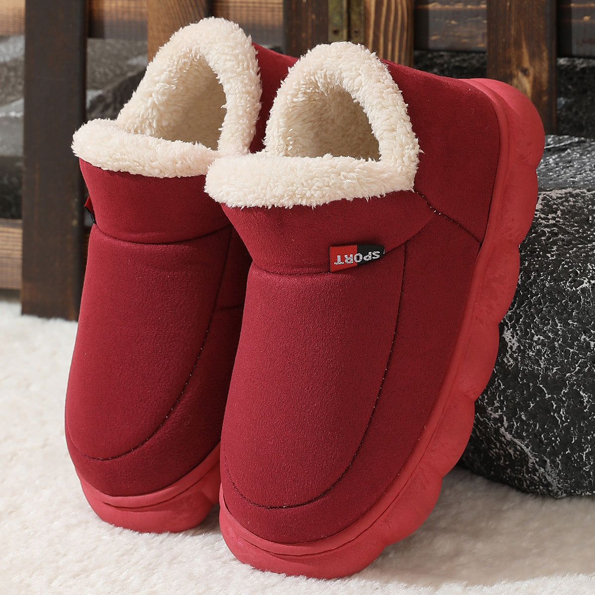 Winter Plush Cotton Shoes Women Men Warm Suede House Shoes For Parents Solid Color Thick-soled Garden Shoes Outdoor - Bests Sale