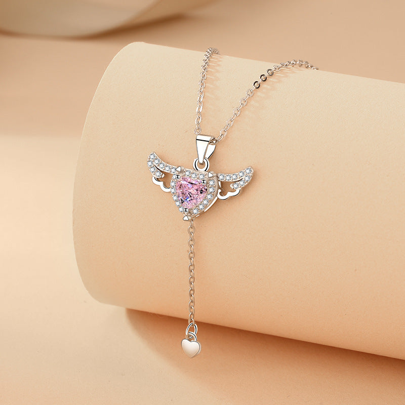 Moving Cupid Heart Angel Wings Tassel Necklace With Crystal Clavicle Chain Women Jewelry Gift Valentine's Day - Bests Sale