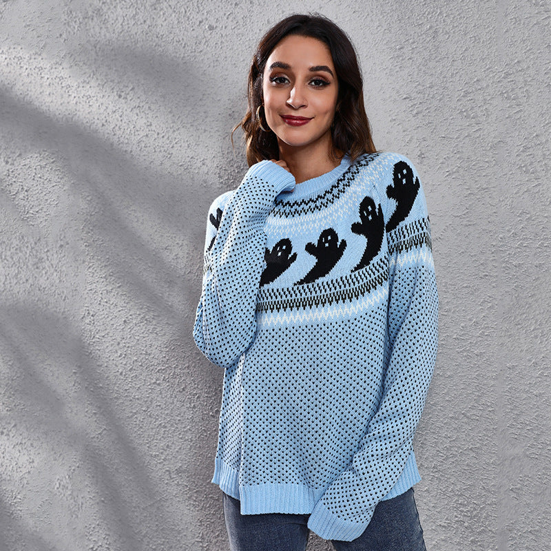 Halloween Cartoon Ghost Polka Dot Pullover Sweater Autumn And Winter Loose Long-sleeved Knitted Tops For Women Bests Sale