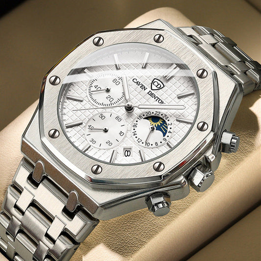 Waterproof High-grade Three Eyes And Six Needles Multi-functional Moon Phase Men's Steel Strap Watch Bests Sale