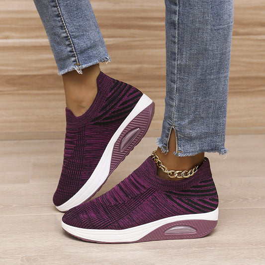 New Stripe Design Mesh Shoes Fashion Slip On Air Cushion Shoes Breathable Round-toe Flats Women - Bests Sale