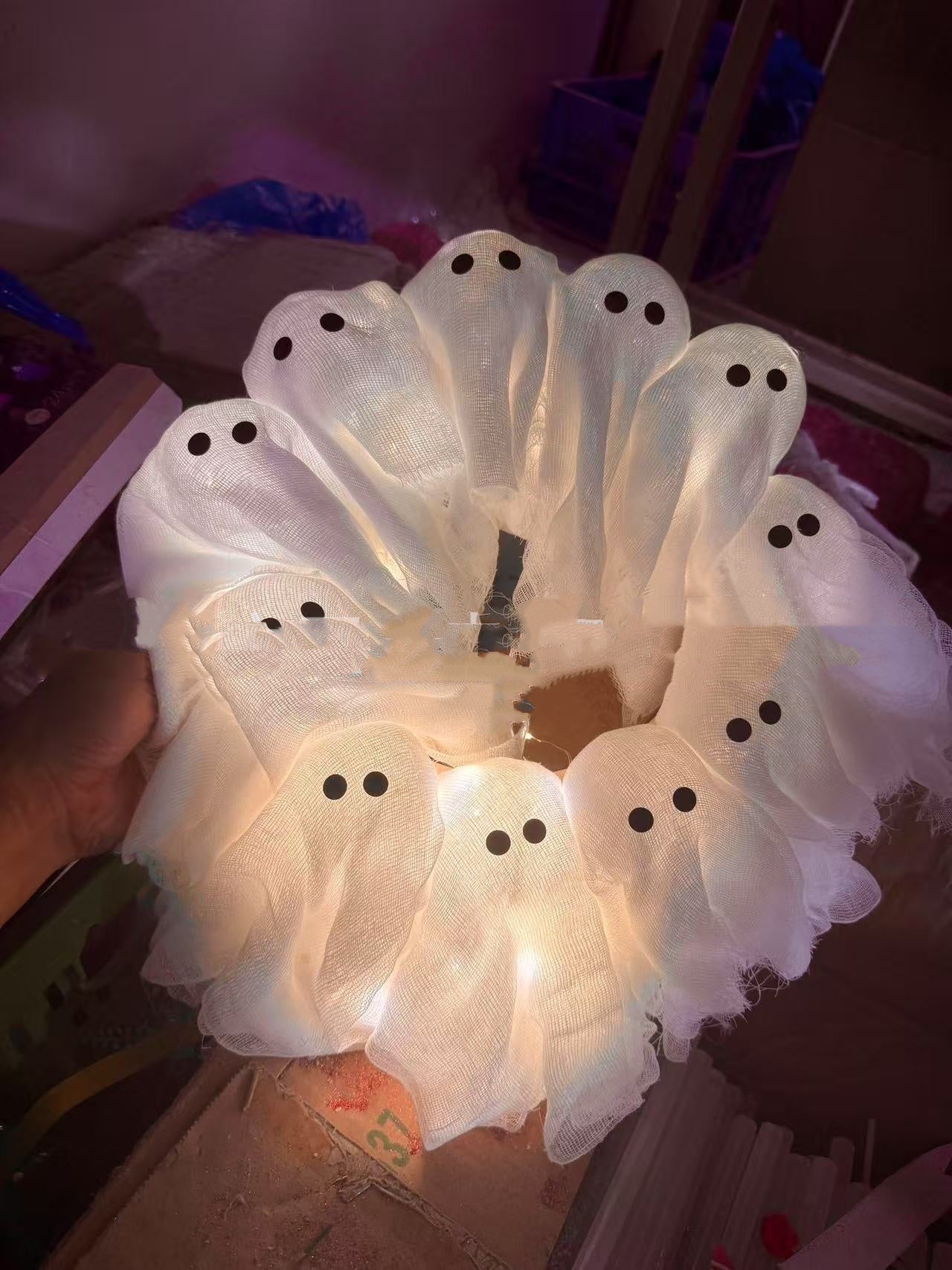 Halloween Decorations Ghost Wreath Cute Ghost Halloween Door Sign For Door Porch Wall Holiday Home Decor Glow Ghost Lights Coffee Jasper
