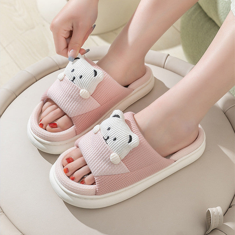 Cute Cartoon Bear Slippers Spring And Autumn Fashion Thick-soled  Mute Linen Slipper Women's House Shoes - Bests Sale