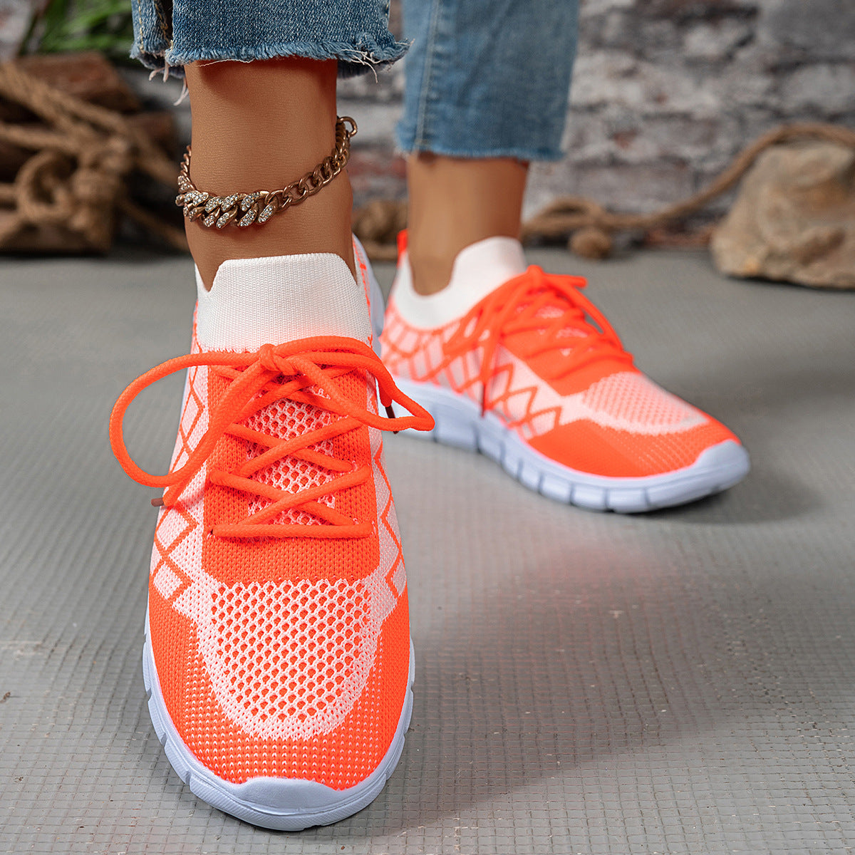 Colorblock Plaid Lace-Up Flyknit Sneakers Ins Mesh Casual Shoes Fashion Breathable Walking Running Sports Shoes For Women - Bests Sale