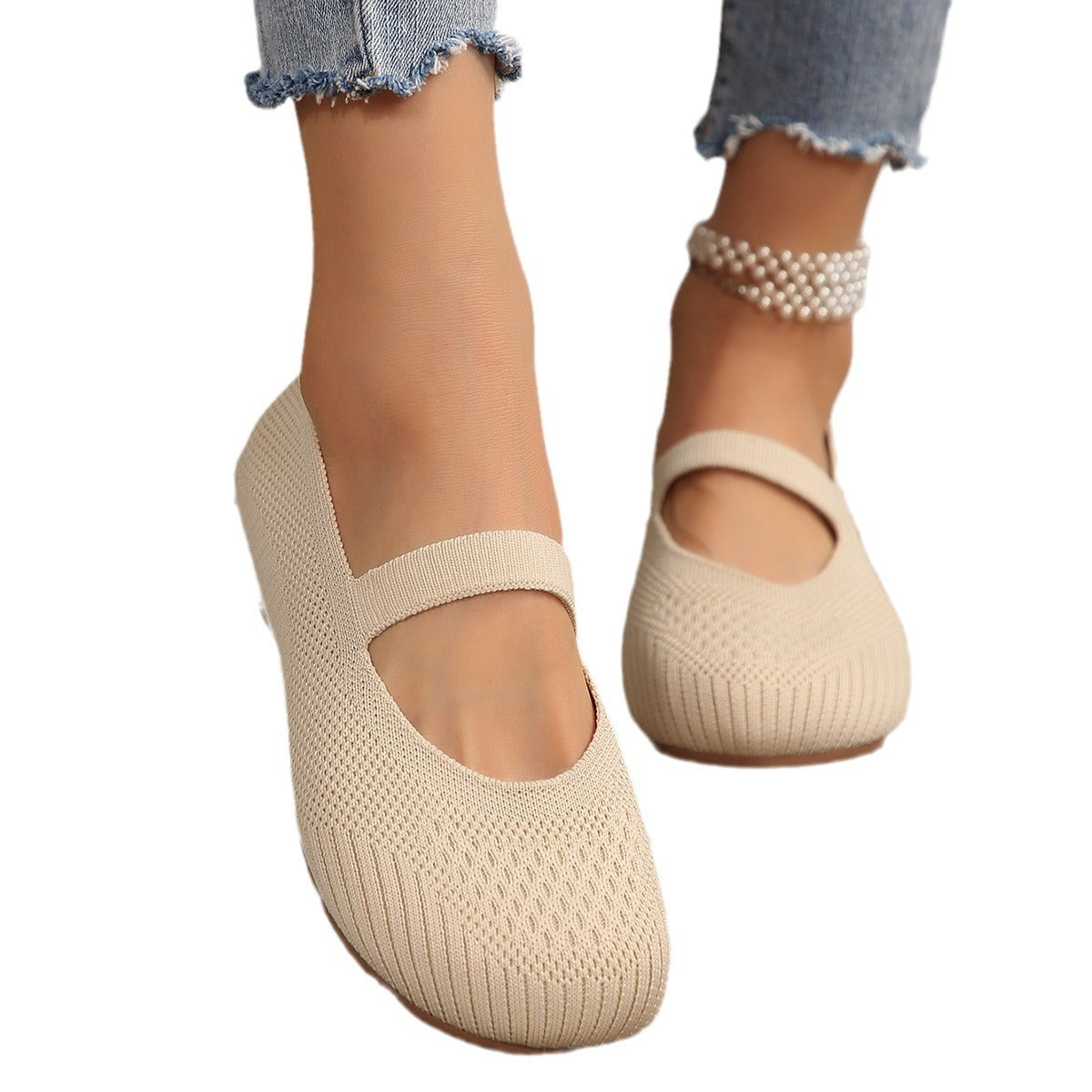 Women's Flat Bottom Pumps Plus Size Shallow Mouth Low-top Slip-on Flyknit - Bests Sale